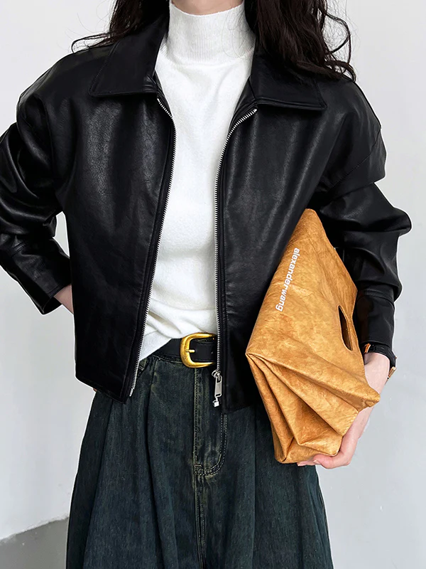 Long Sleeves Loose Solid Color Zipper Lapel Collar Jackets&Coats Outerwear - Image 5