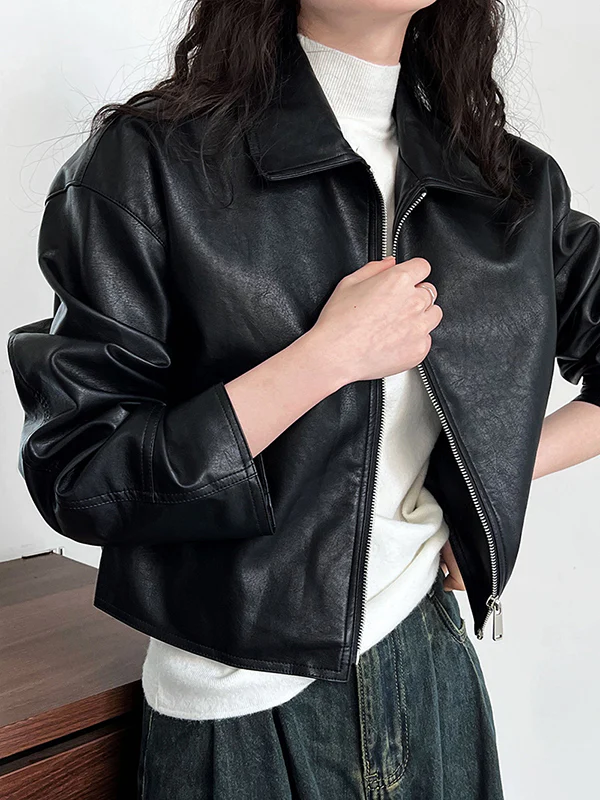Long Sleeves Loose Solid Color Zipper Lapel Collar Jackets&Coats Outerwear - Image 6