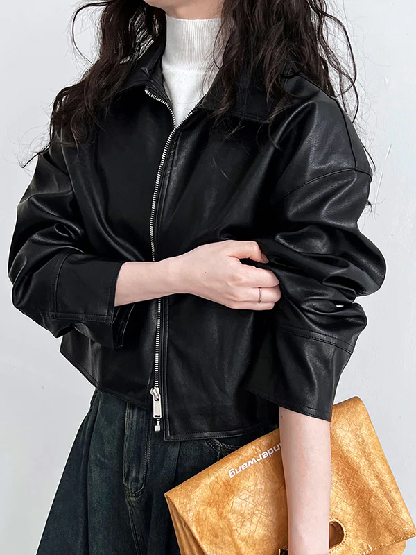 Long Sleeves Loose Solid Color Zipper Lapel Collar Jackets&Coats Outerwear - Image 7