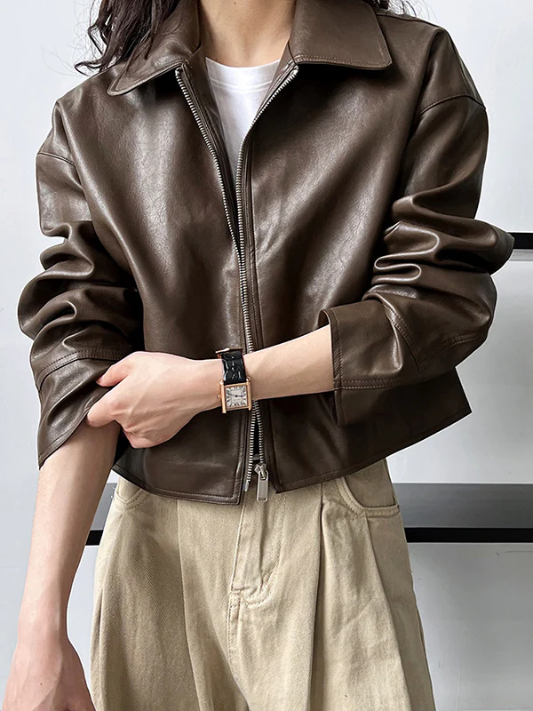 Long Sleeves Loose Solid Color Zipper Lapel Collar Jackets&Coats Outerwear - Image 9