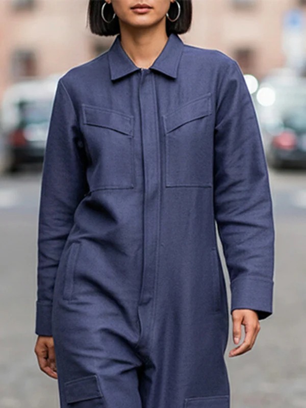 Long Sleeves Loose Solid Color Zipper Lapel Jumpsuits - Image 2