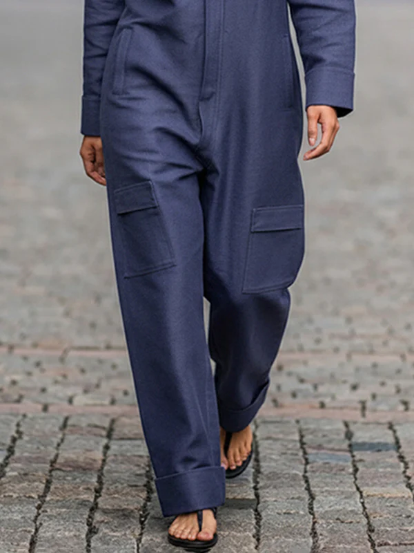Long Sleeves Loose Solid Color Zipper Lapel Jumpsuits - Image 3