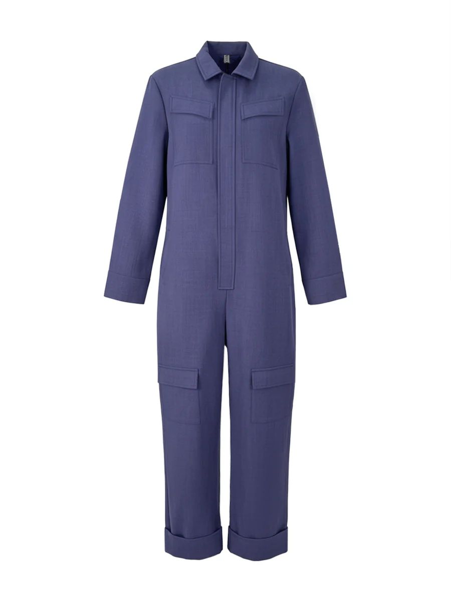 Long Sleeves Loose Solid Color Zipper Lapel Jumpsuits - Image 4