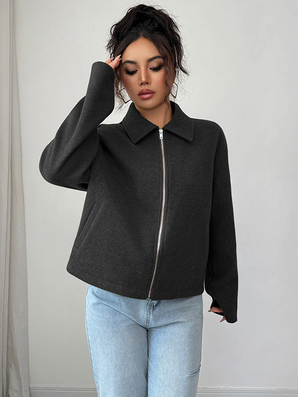 Long Sleeves Loose Solid Color Zipper Lapel Outerwear - Image 10