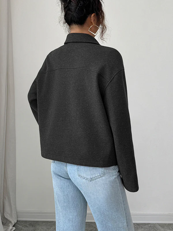Long Sleeves Loose Solid Color Zipper Lapel Outerwear - Image 11