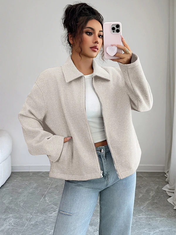Long Sleeves Loose Solid Color Zipper Lapel Outerwear - Image 12