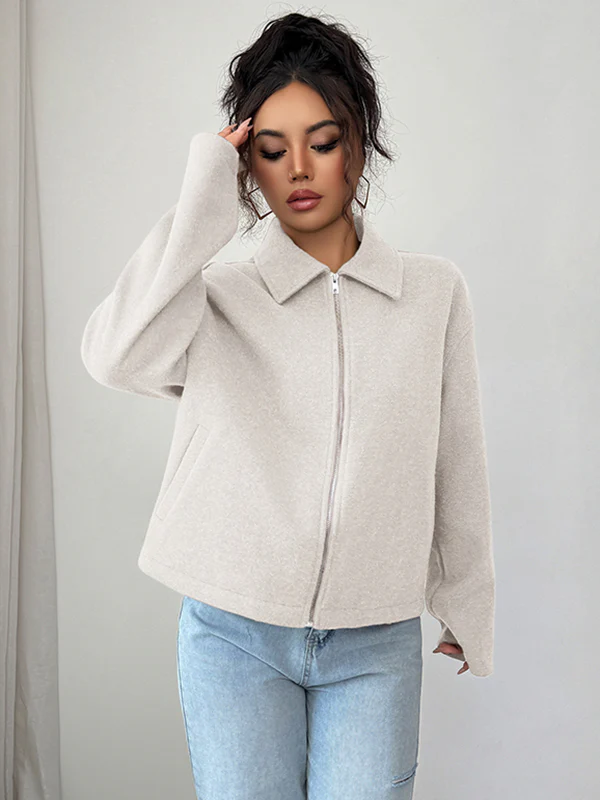 Long Sleeves Loose Solid Color Zipper Lapel Outerwear - Image 13