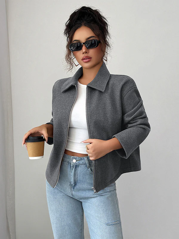 Long Sleeves Loose Solid Color Zipper Lapel Outerwear - Image 2