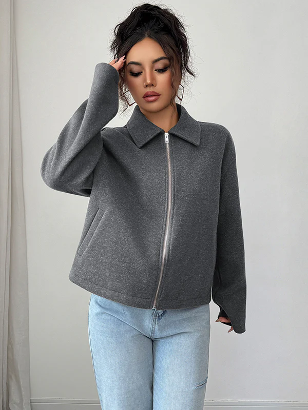 Long Sleeves Loose Solid Color Zipper Lapel Outerwear - Image 3