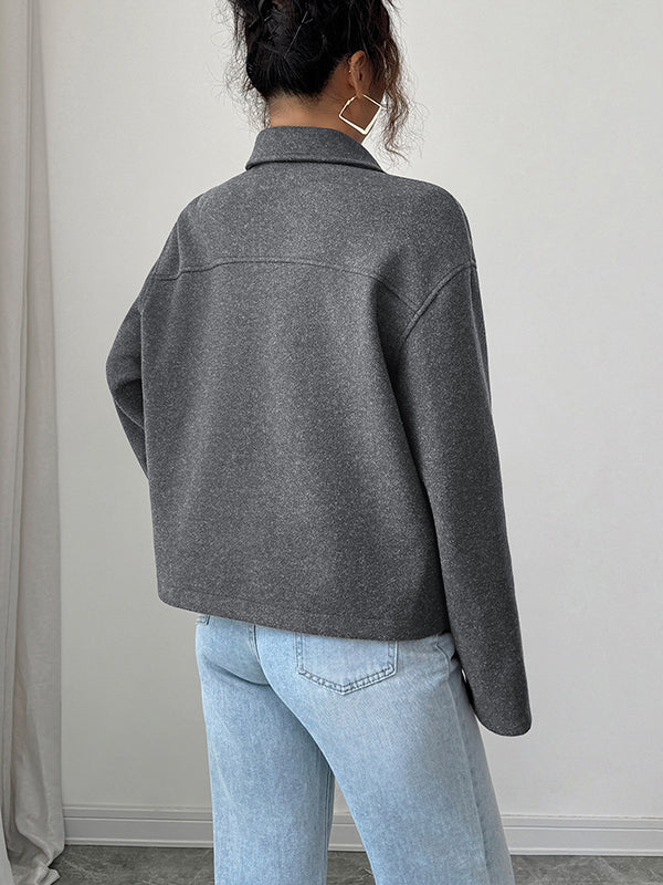 Long Sleeves Loose Solid Color Zipper Lapel Outerwear - Image 4
