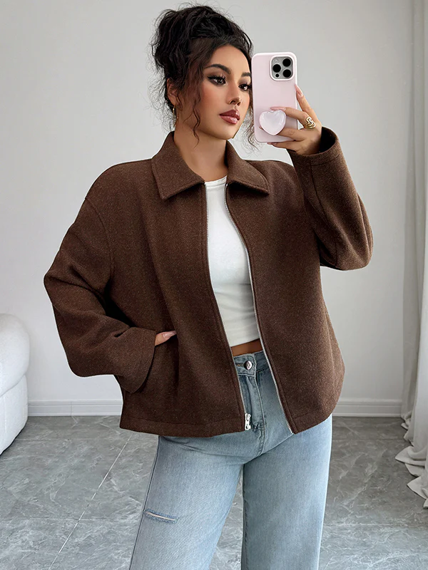Long Sleeves Loose Solid Color Zipper Lapel Outerwear - Image 5