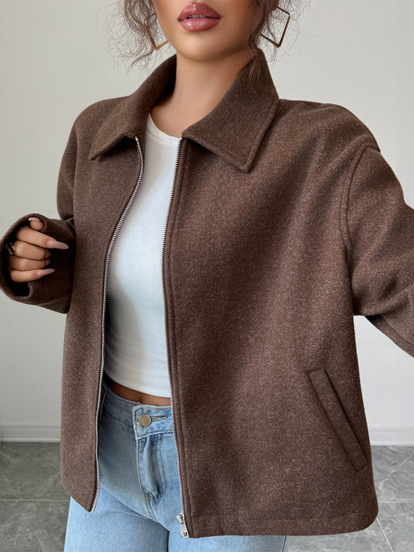 Long Sleeves Loose Solid Color Zipper Lapel Outerwear - Image 6
