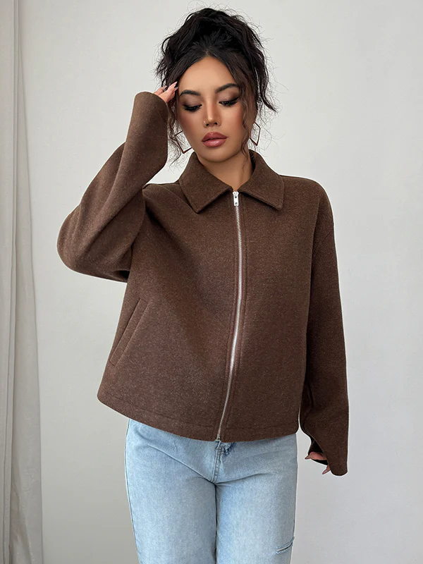 Long Sleeves Loose Solid Color Zipper Lapel Outerwear - Image 7