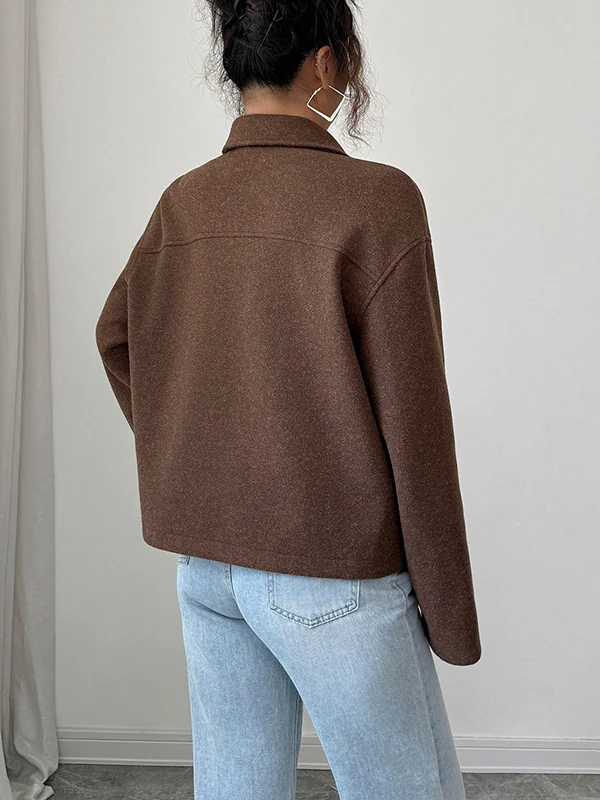 Long Sleeves Loose Solid Color Zipper Lapel Outerwear - Image 8