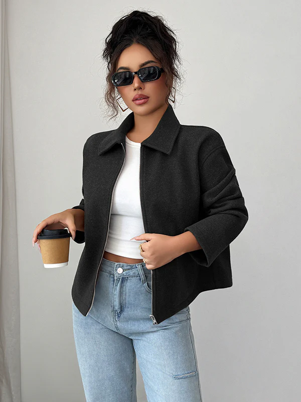 Long Sleeves Loose Solid Color Zipper Lapel Outerwear - Image 9
