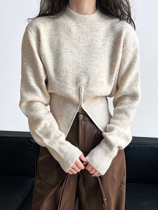 Long Sleeves Loose Solid Color Zipper Mock Neck Pullovers Sweater Tops - Image 12