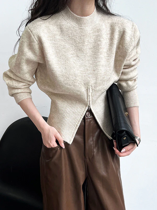 Long Sleeves Loose Solid Color Zipper Mock Neck Pullovers Sweater Tops - Image 13