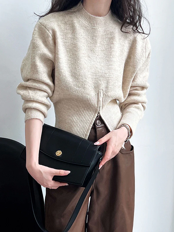 Long Sleeves Loose Solid Color Zipper Mock Neck Pullovers Sweater Tops - Image 14