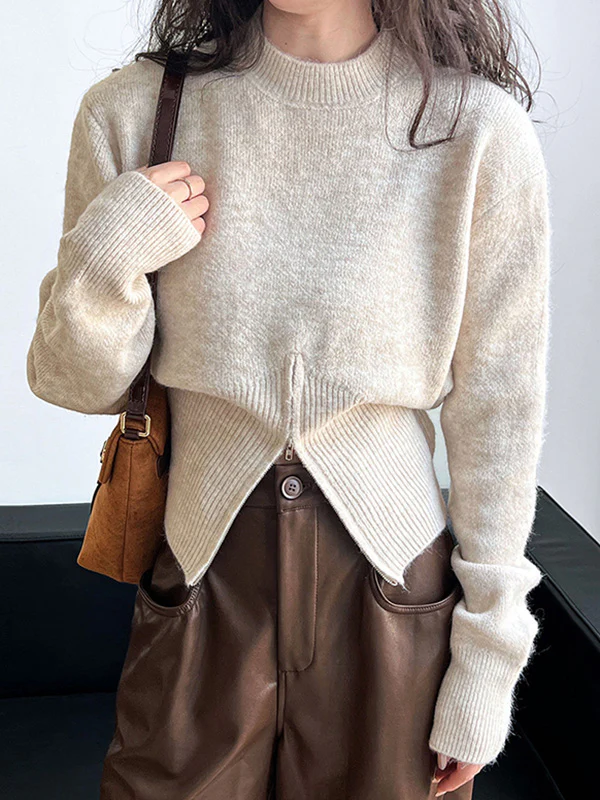 Long Sleeves Loose Solid Color Zipper Mock Neck Pullovers Sweater Tops - Image 2