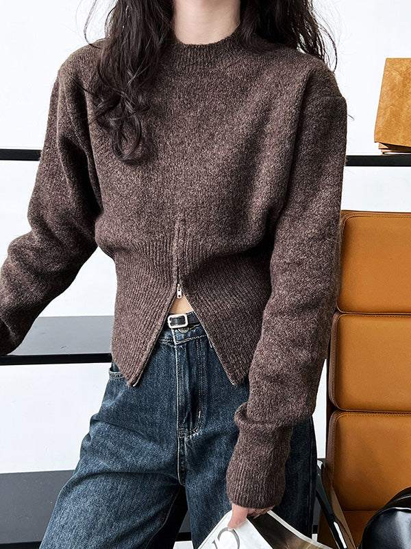 Long Sleeves Loose Solid Color Zipper Mock Neck Pullovers Sweater Tops - Image 4