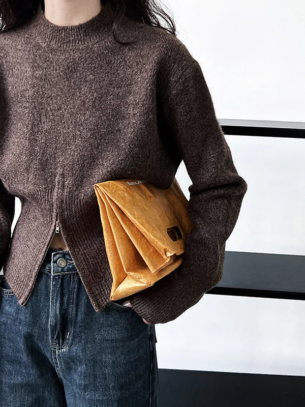 Long Sleeves Loose Solid Color Zipper Mock Neck Pullovers Sweater Tops - Image 5