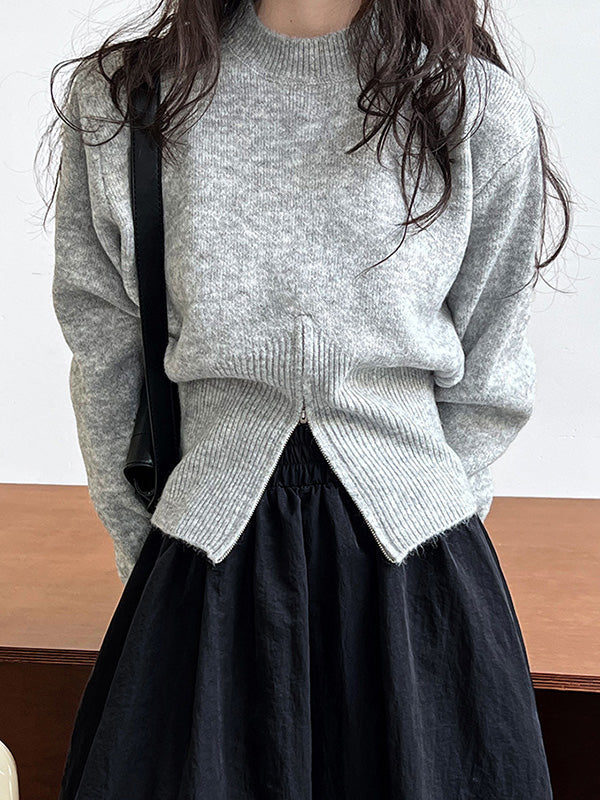 Long Sleeves Loose Solid Color Zipper Mock Neck Pullovers Sweater Tops - Image 6