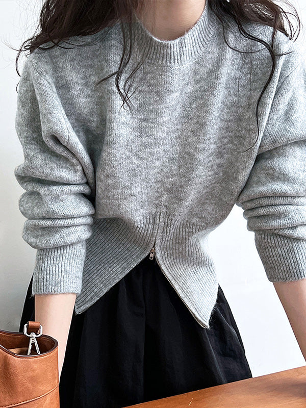 Long Sleeves Loose Solid Color Zipper Mock Neck Pullovers Sweater Tops - Image 7