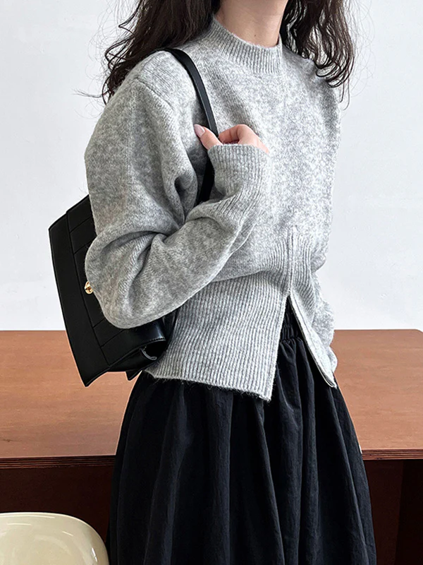 Long Sleeves Loose Solid Color Zipper Mock Neck Pullovers Sweater Tops - Image 8