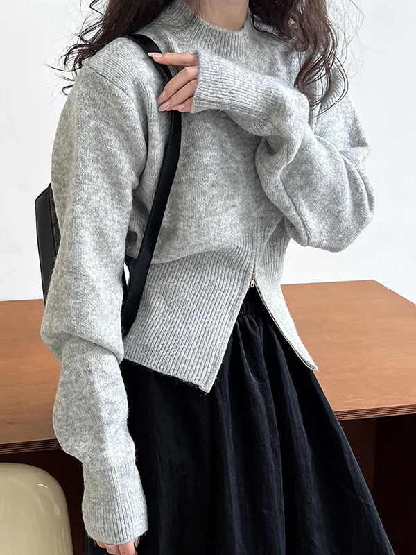 Long Sleeves Loose Solid Color Zipper Mock Neck Pullovers Sweater Tops - Image 9