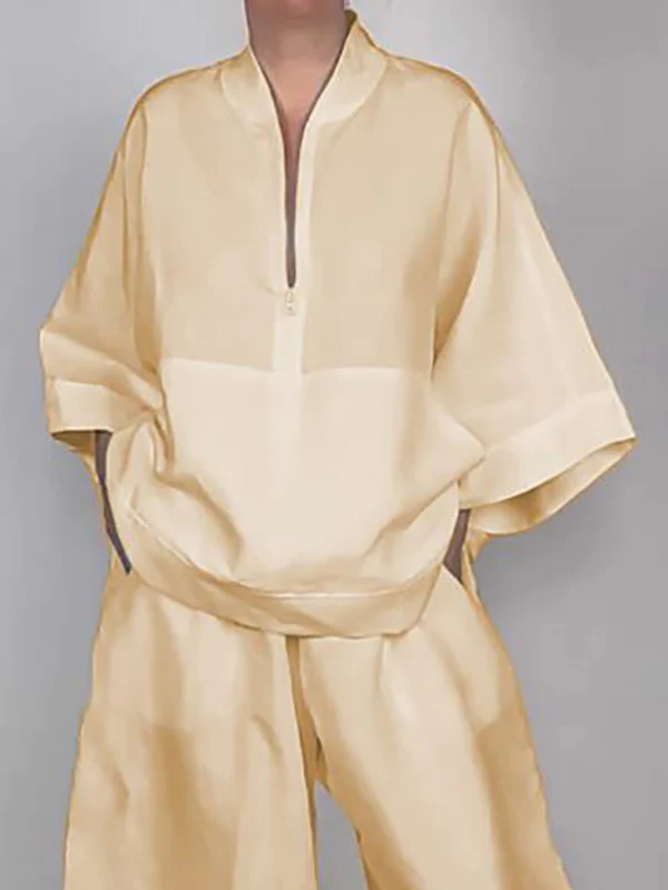 Long Sleeves Loose Solid Color Zipper V-Neck Shirts Tops - Image 2