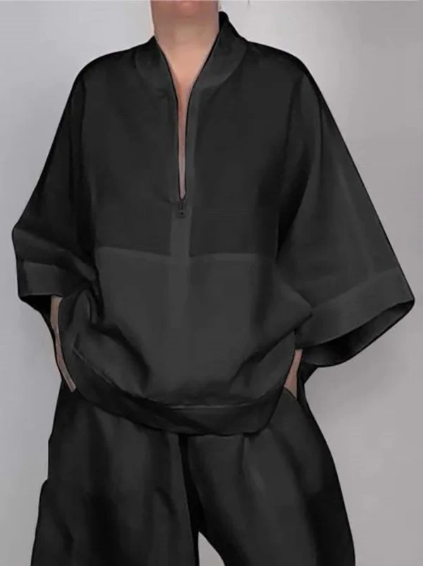 Long Sleeves Loose Solid Color Zipper V-Neck Shirts Tops - Image 3