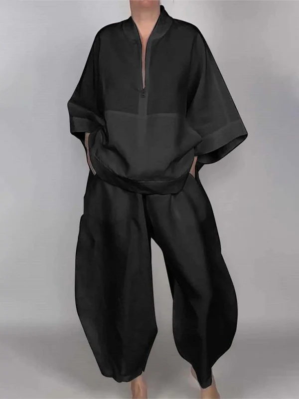 Long Sleeves Loose Solid Color Zipper V-Neck Shirts Tops - Image 4