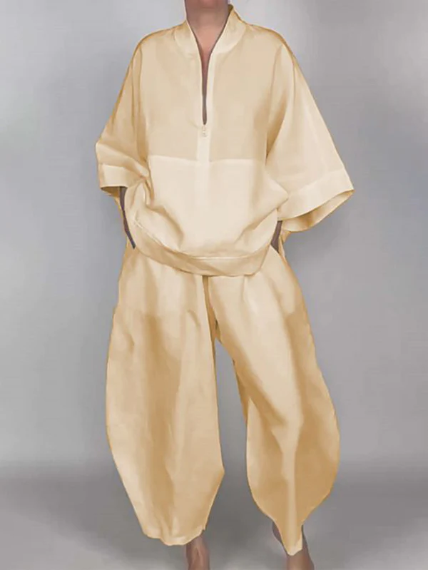Long Sleeves Loose Solid Color Zipper V-Neck Shirts Tops - Image 5