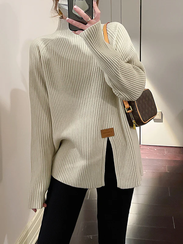 Long Sleeves Loose Split-Front Mock Neck Pullovers Sweater Tops - Image 10