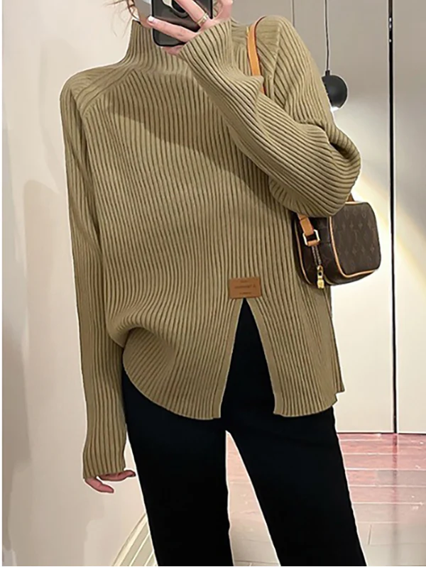 Long Sleeves Loose Split-Front Mock Neck Pullovers Sweater Tops - Image 2