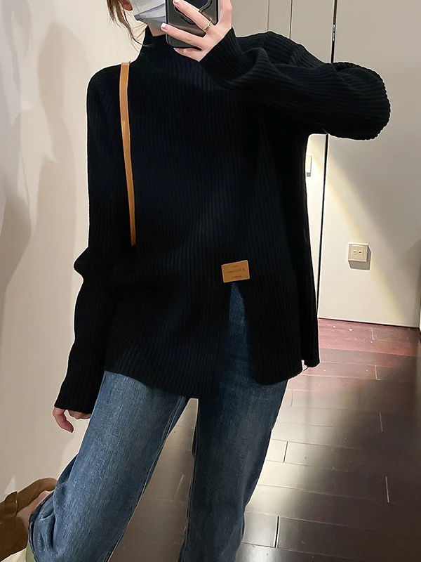 Long Sleeves Loose Split-Front Mock Neck Pullovers Sweater Tops - Image 3