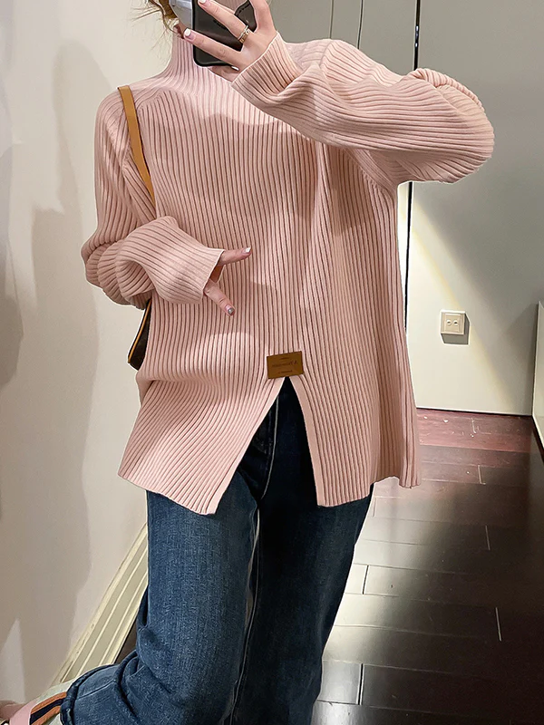 Long Sleeves Loose Split-Front Mock Neck Pullovers Sweater Tops - Image 4