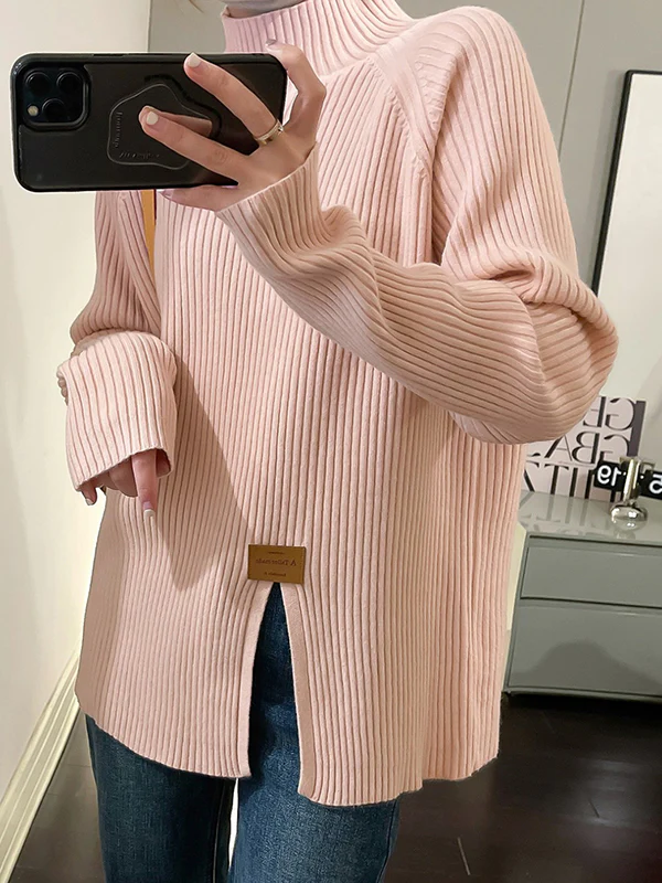 Long Sleeves Loose Split-Front Mock Neck Pullovers Sweater Tops - Image 5