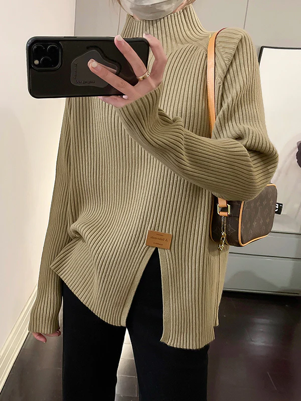 Long Sleeves Loose Split-Front Mock Neck Pullovers Sweater Tops - Image 6