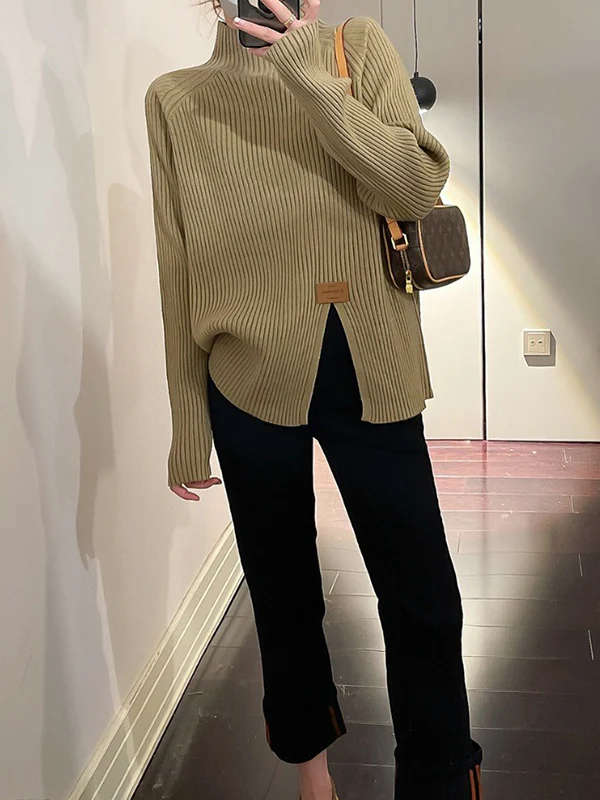 Long Sleeves Loose Split-Front Mock Neck Pullovers Sweater Tops - Image 7
