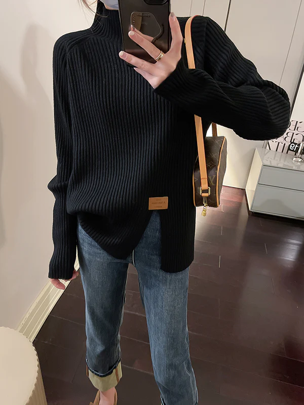 Long Sleeves Loose Split-Front Mock Neck Pullovers Sweater Tops - Image 8