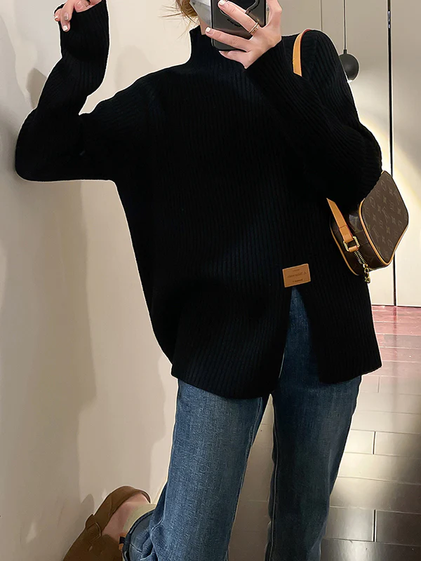 Long Sleeves Loose Split-Front Mock Neck Pullovers Sweater Tops - Image 9