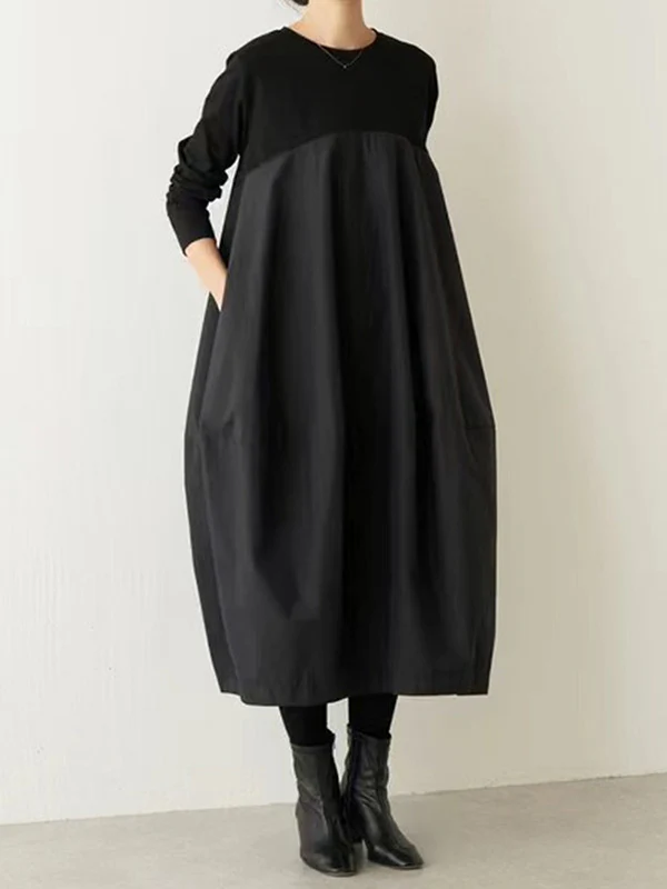 Long Sleeves Loose Split-Joint Round-Neck Midi Dresses - Image 2