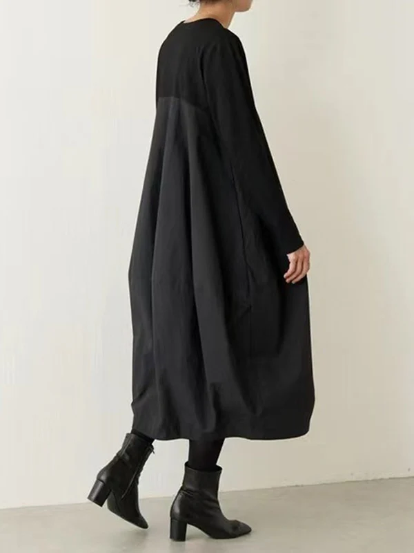 Long Sleeves Loose Split-Joint Round-Neck Midi Dresses - Image 3