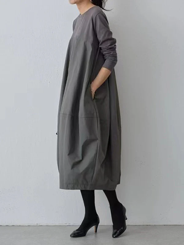 Long Sleeves Loose Split-Joint Round-Neck Midi Dresses - Image 4