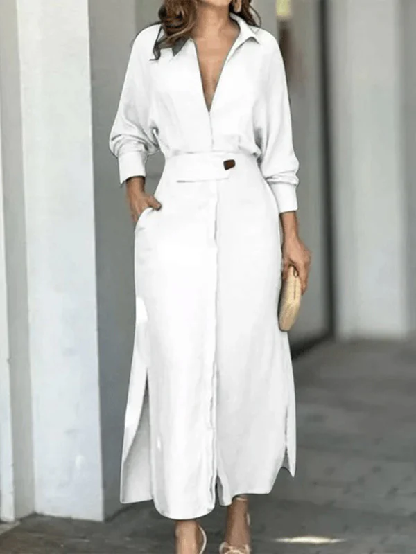 Long Sleeves Loose Split-Joint Split-Side V-Neck Maxi Dresses Shirt Dress - Image 2
