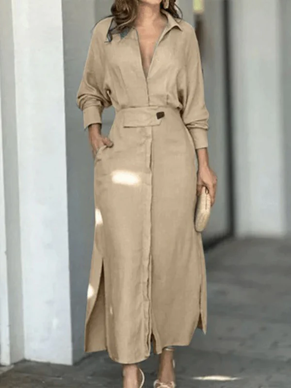 Long Sleeves Loose Split-Joint Split-Side V-Neck Maxi Dresses Shirt Dress - Image 3