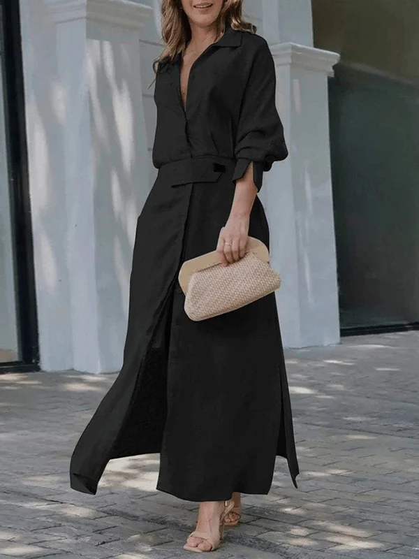 Long Sleeves Loose Split-Joint Split-Side V-Neck Maxi Dresses Shirt Dress - Image 4