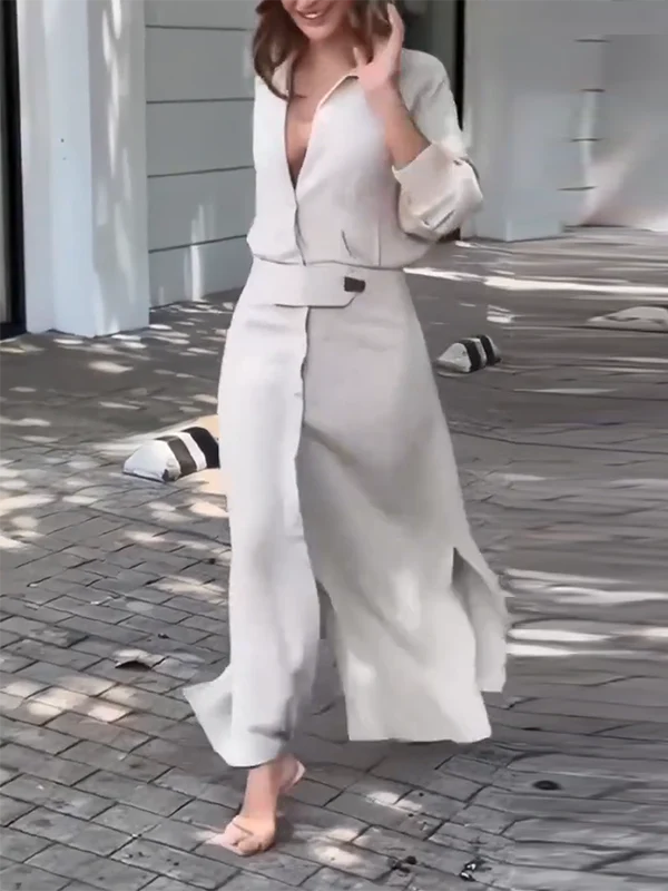 Long Sleeves Loose Split-Joint Split-Side V-Neck Maxi Dresses Shirt Dress - Image 5