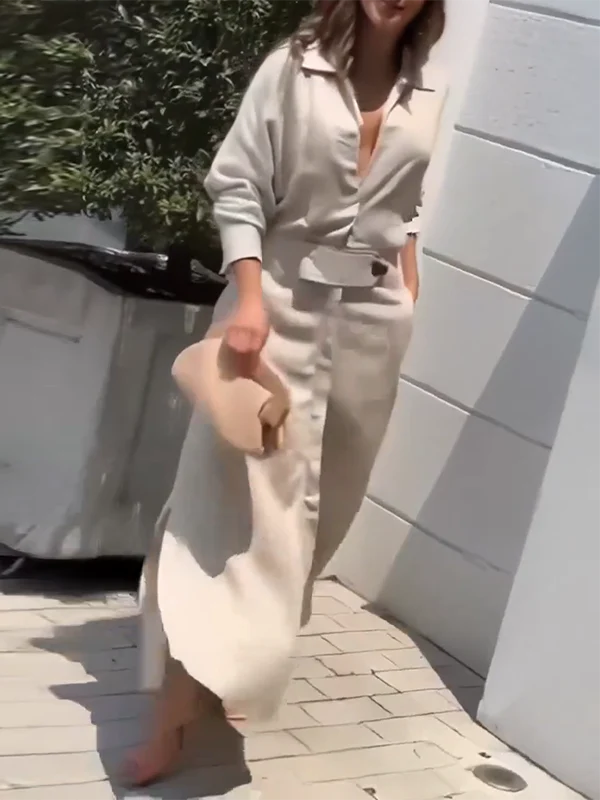 Long Sleeves Loose Split-Joint Split-Side V-Neck Maxi Dresses Shirt Dress - Image 6